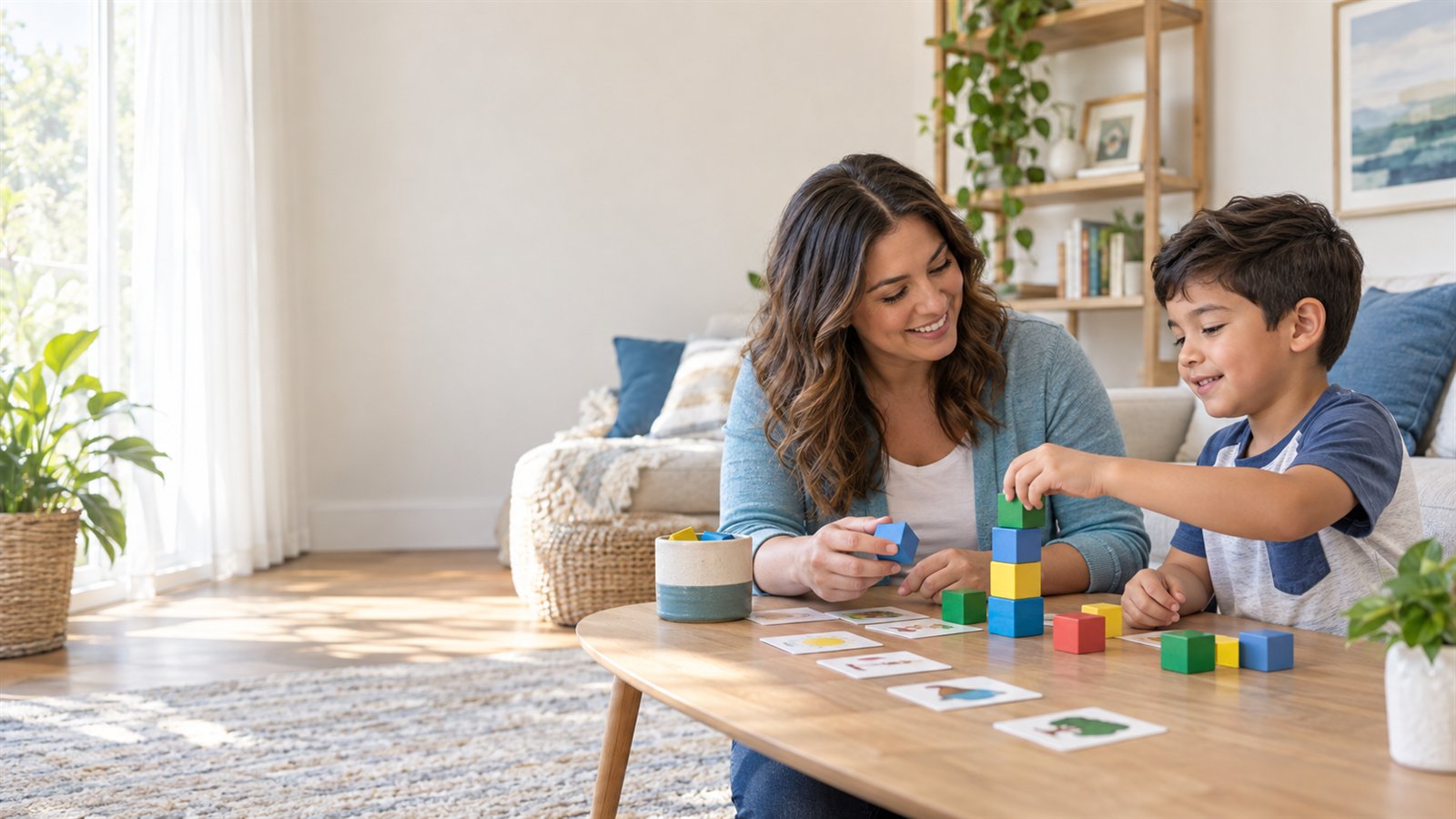 A behavioral professional and child building communication and play skills together at home